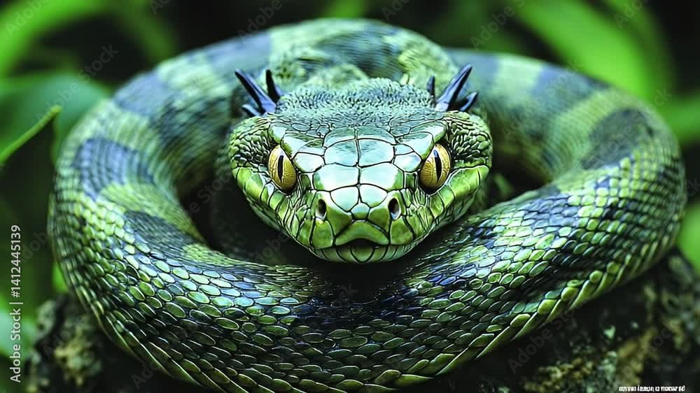 Close-Up of a Green Snake Coiled in Vibrant Tropical Environment With Intricate Scales and Watchful Eyes Close-Up of a Green Snake Coiled in Vibrant Tropical Environment With Intricate Scales and Watchful Eyes
