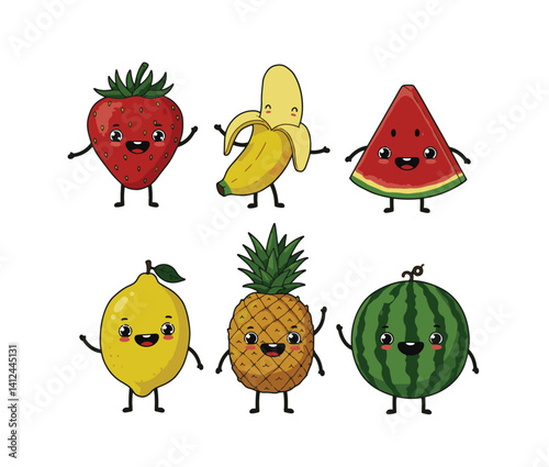 Vibrant tropical artwork scene showcases animated fruits in cheerful poses providing dynamic visuals for colorful creative projects