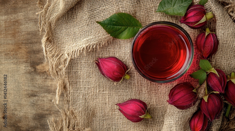 Fototapeta premium Refreshing Hibiscus Tea with Rose Buds on Rustic Burlap Background