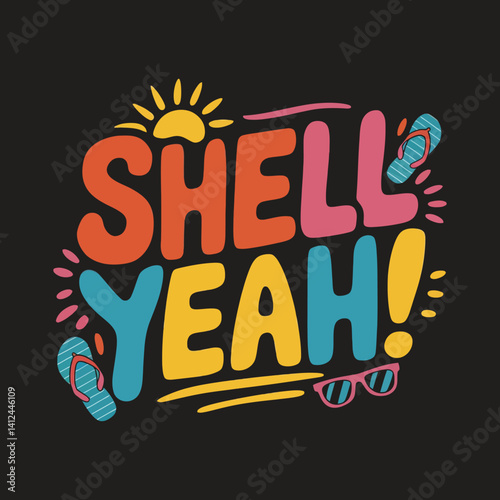 Shell Yeah Summer Vacation T-Shirt Design with Retro Sunset