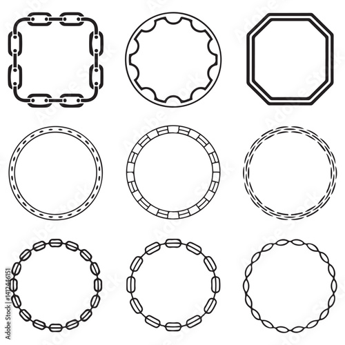 Cartoon metal different chain borders and frames. Isolated on white background. Vector Black silhouettes  icon set.