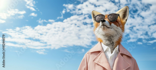 Fox with Sunglasses on Blue Sky with Clouds: Anthropomorphic Fox wearing Sunglasses and Pink Jacket on Panoramic Sky Background with Copy Space