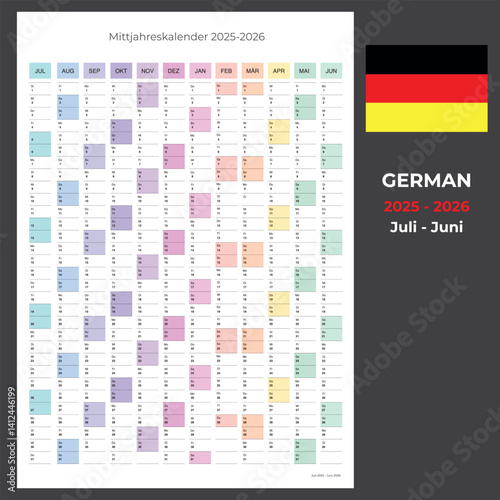 German mid year 2025 2026 calendar planner, july - june