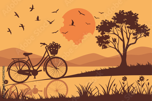 3 Silhouette of bicycle at sunset, warm orange sky, flock of birds flying, basket of flowers on bike, serene landscape, dramatic sun, golden hour, peaceful scene, minimalist composition, nostalgic moo