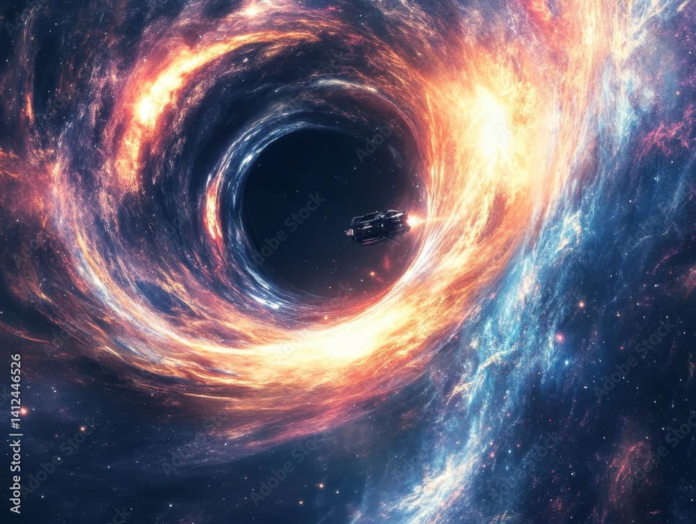 Obraz premium Journey into the Abyss: A spacecraft bravely navigates the cosmic unknown, approaching the swirling vortex of a black hole, a scene of captivating scale and wonder.