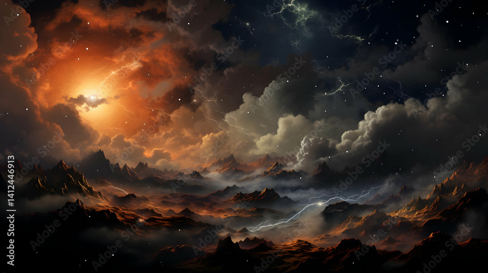 Fototapeta premium Spectacular Night Landscape with Mountains Cloudy Sky and a Glimmering Sky Stars Orange Glow Black Woodlands and a Serene Mist at Horizon and Peaceful Atmosphere