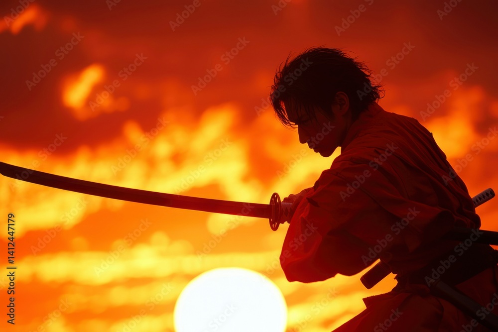 Obraz premium Silhouette of a warrior at sunset