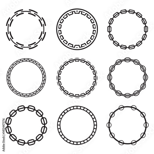 Cartoon metal different chain borders and frames. Isolated on white background. Vector Black silhouettes  icon set.