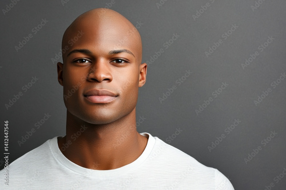 Obraz premium Photo taken up close of a man with dark skin, looking directly at the camera with sincere eyes and a shiny shaved face, wearing a white t-shirt and isolated on a grey background