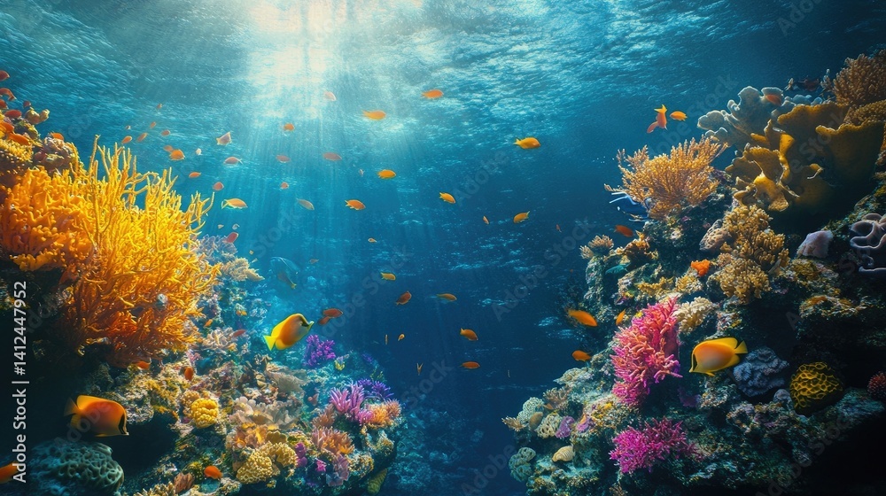 Underwater ecosystem with fish, ocean, sea, reef, coral, diving, and marine life