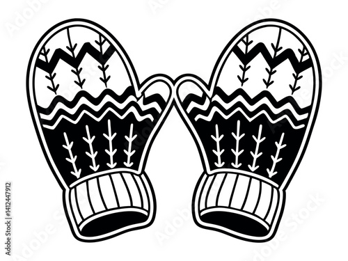 Vector Christmas coloring page for adults. Knitted mittens on a white background. Elements for Christmas templates, cards, and invitations