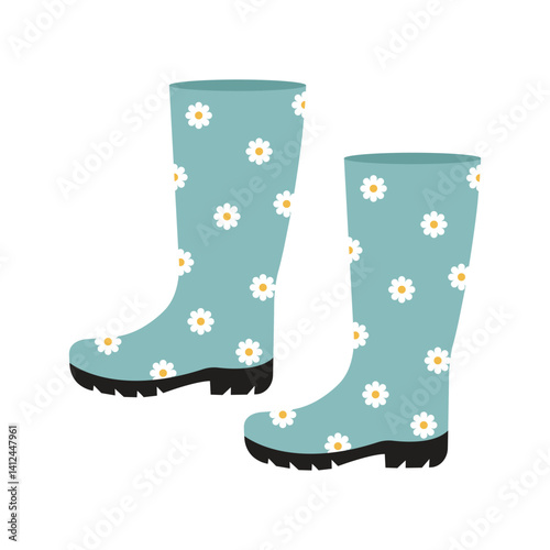 Blue rubber boots with daisies. Vector isolated illustration.
