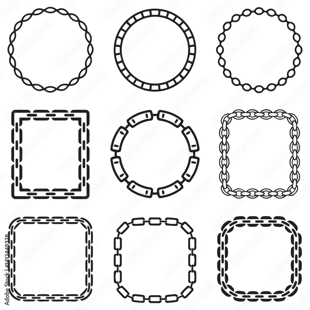 Obraz premium Cartoon metal different chain borders and frames. Isolated on white background. Vector Black silhouettes icon set.
