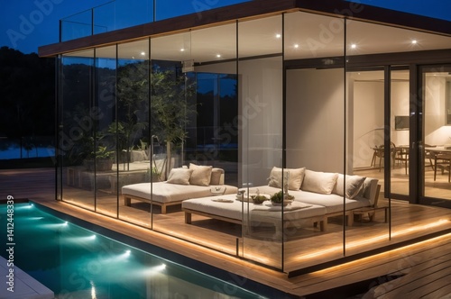 An outdoor enclosed luxury patio with a swimming pool at night
