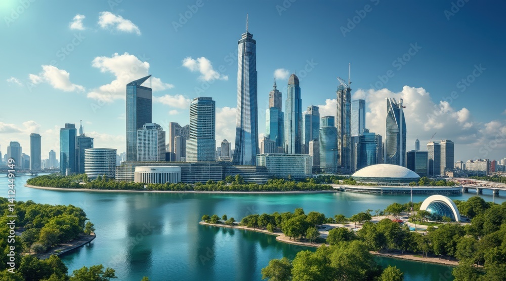 Obraz premium Modern skyline with water and greenery in the foreground.