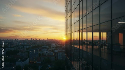 Golden Sunset Reflecting on Modern Glass Office Building Overlooking City Skyline