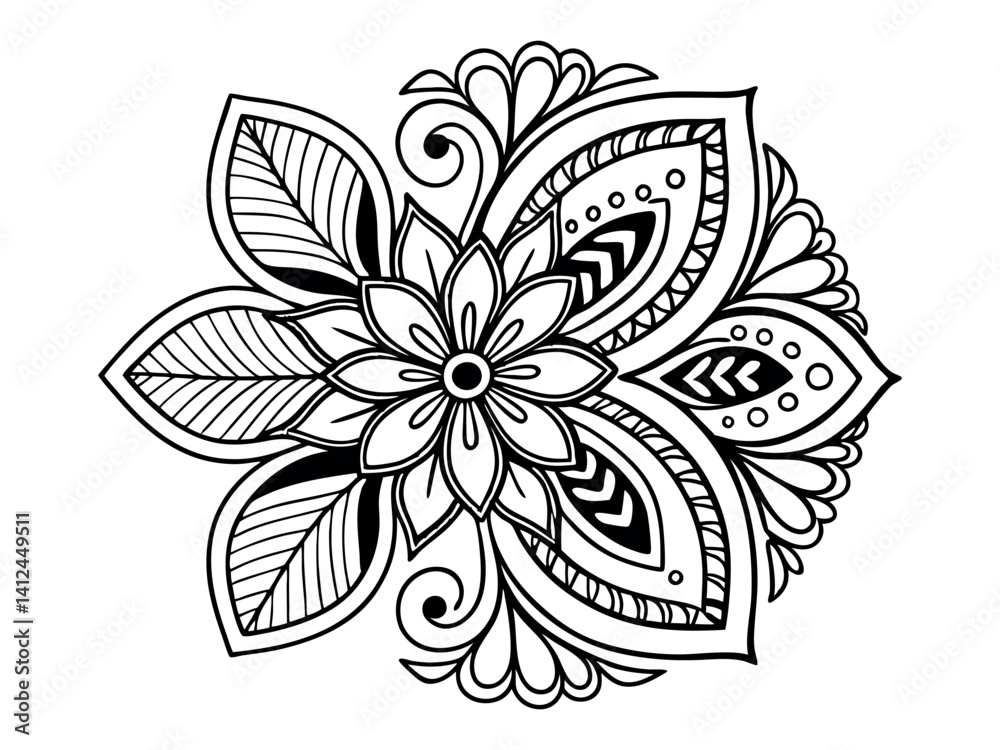 Obraz premium Vector abstract mandala pattern with flowers in a doodle style. Anti-stress coloring book page for adults