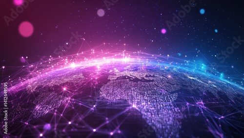 Abstract world map with glowing network connections in pink and blue colors.