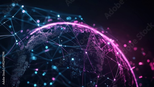 Abstract globe with interconnected network of lines and dots in blue and pink.