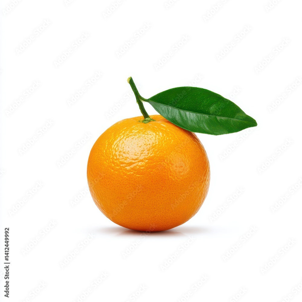 Single orange with leaf still attached on white background Single orange with leaf still attached on white background