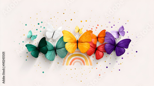 Colorful butterflies in various shades arranged in beautiful pattern with rainbow backdrop showcasing vibrant hues and delicate wings, the beauty of nature and transformation concept. Selective focus