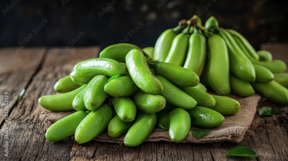 Fresh Green Bananas Piled on Wooden Table with Natural Lighting Fresh Green Bananas Piled on Wooden Table with Natural Lighting