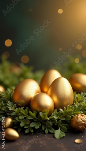 Luxurious golden eggs for Easter celebration on shale backdrop, spring, decoration