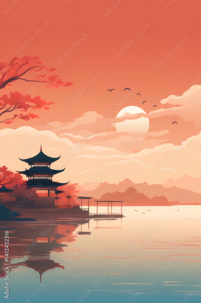 夕焼け空の下の湖畔に佇む日本の寺院と山々の風景 水面に映る夕日のオレンジ色と雲 夕焼け空の下の湖畔に佇む日本の寺院と山々の風景 水面に映る夕日のオレンジ色と雲