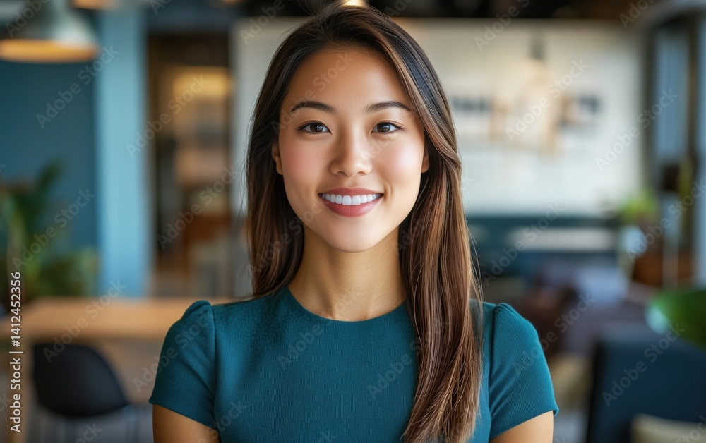 Confident Professional Woman in Teal Dress, Portrait in Modern Office Confident Professional Woman in Teal Dress, Portrait in Modern Office