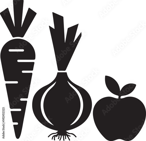 Fresh Produce Silhouettes Carrot, Onion, and Apple Design for Healthy Living