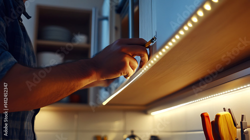 Electrician installing LED lighting under kitchen cabinets. Highlighting home automation and lighting upgrades photo