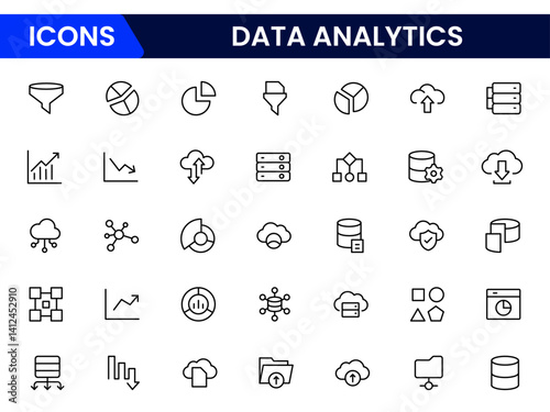 Data analytics web icons set in thin line design. Pack of database, big data process, ai, monitoring, traffic, hosting service, optimization, backup, chart and other. Vector outline stroke icon design