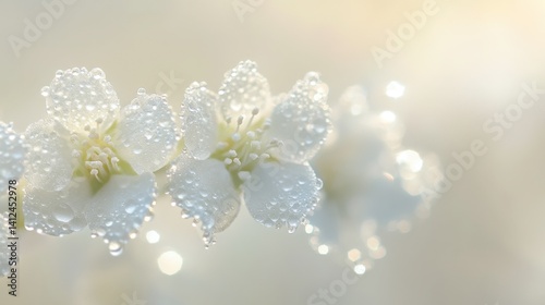 Delicate White Flowers with Water Drops on Soft Background