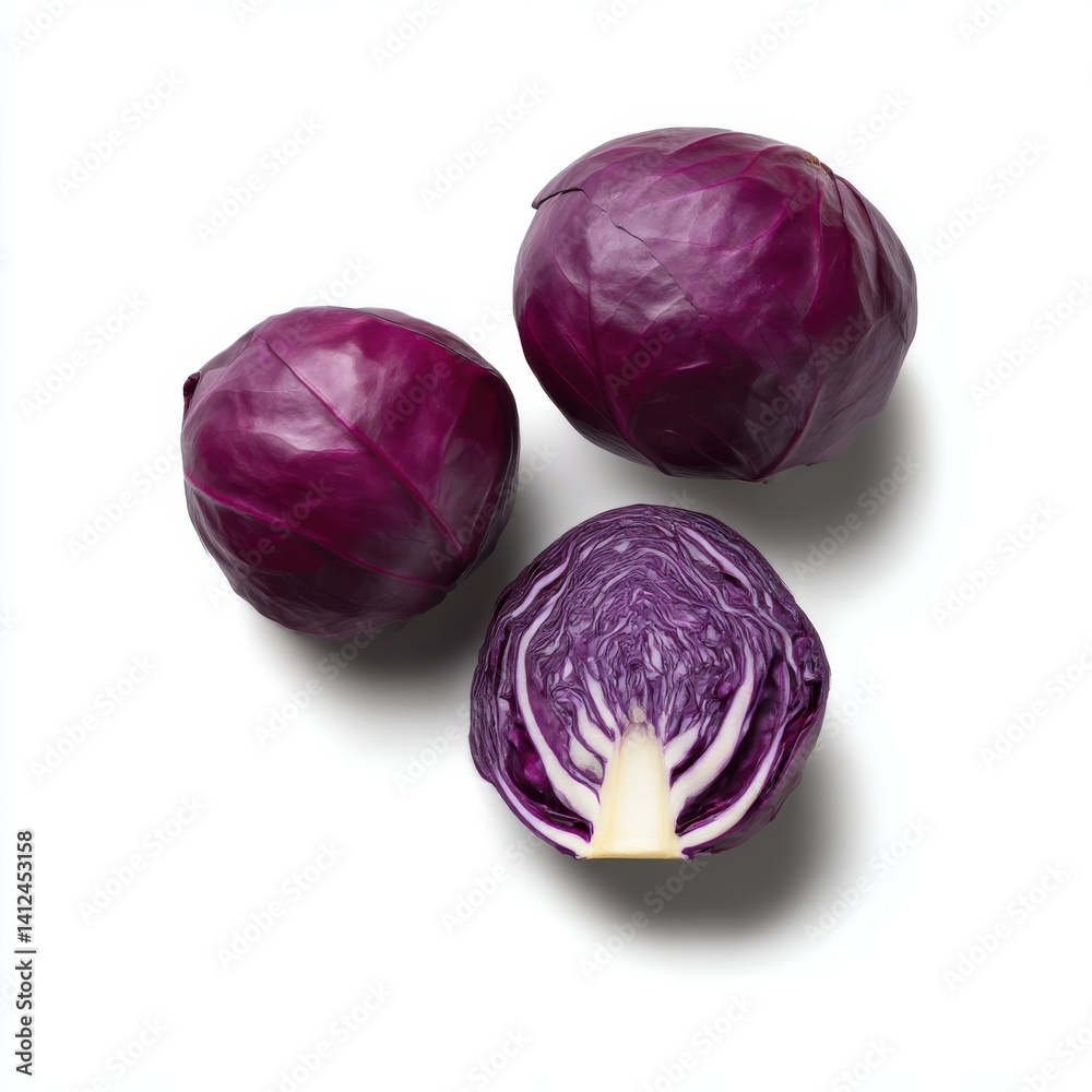 Three red cabbages close up shot on white background