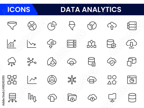 Data analytics web icons set in thin line design. Pack of database, big data process, ai, monitoring, traffic, hosting service, optimization, backup, chart and other. Vector outline stroke icon design