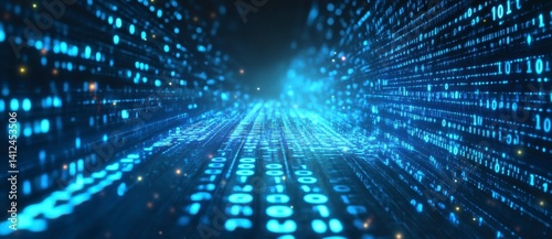 Digital Data Flow with Binary Code in Futuristic Blue Light