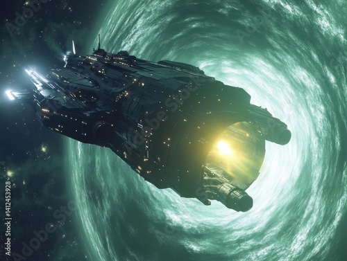 Spacecraft's Galactic Voyage: A futuristic spacecraft cuts through a swirling nebula, its illuminated form a beacon against the celestial backdrop.