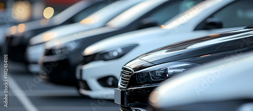 Fleet of Cars: A neat collection of various cars, parked together. Captured from a close-up perspective, the image showcases different car designs and their positioning.