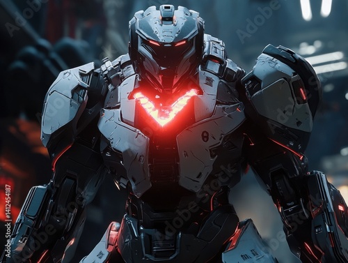 Futuristic Battle Armor: A formidable cyborg warrior stands poised, clad in advanced battle armor, its glowing red accents creating a sense of power and technological superiority.