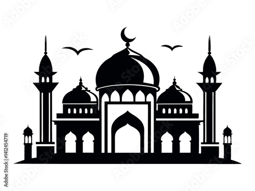 Stylized silhouette design of a mosque with minarets, featuring Islamic architecture, crescent moon, spiritual ambiance, worship atmosphere, elegant shapes, sacred skyline, artistic pattern
