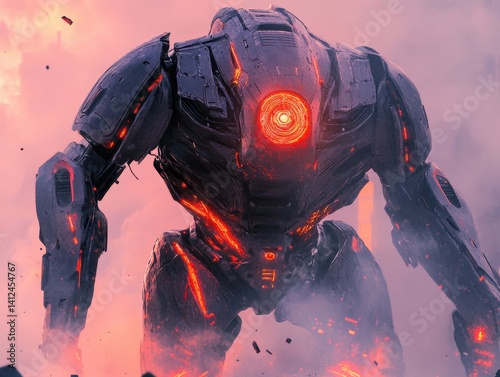 Cybernetic Sentinel: A formidable robot, aglow with internal light, stands amidst a hazy environment. With a determined stance and powerful design, embodying resilience.
