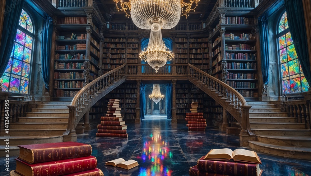 Fototapeta premium A grand, surreal library with towering shelves and intricately carved wooden banisters, where books of varying sizes and leather-bound tomes with golden filigree float effortlessly in mid-air, surroun