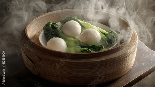 Mouthwatering Steamed Dace Fish Balls Served on Fresh Greens in a Wooden Steamer with Steam Rising