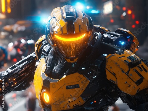 Cybernetic Protector: An impressive armored figure stands tall, his futuristic helmet glowing with an intense light amidst a dynamic urban environment, embodying power and protection.