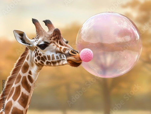 Giraffe Blowing Bubble Gum: A whimsical portrait of a giraffe, capturing the lighthearted moment of blowing a bubble, creating a unique and playful image.