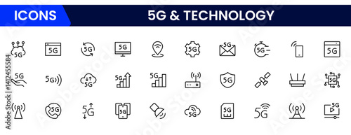 5G banner web icon for business and technology, speed, signal, network, technology, big data, IoT, and traffic icons.