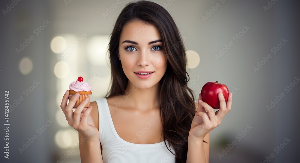 Woman Holding Cupcake and Apple Making a Choice Decision Woman Holding Cupcake and Apple Making a Choice Decision