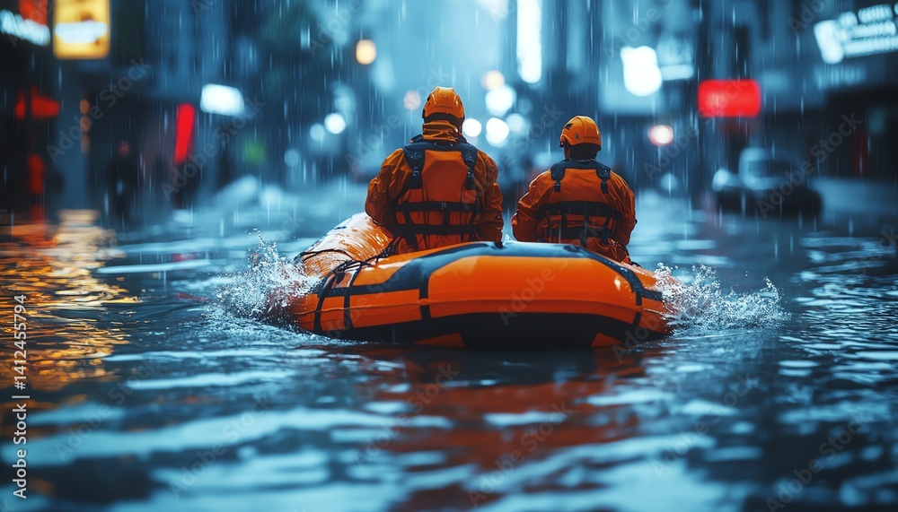 Emergency rescue team navigating flooded city streets with inflatable boat