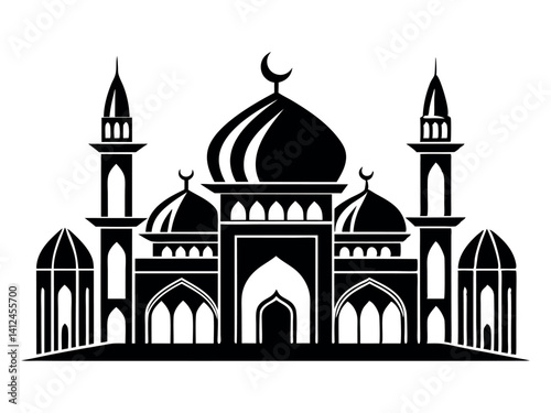 Stylized silhouette design of a mosque with minarets, featuring Islamic architecture, crescent moon, spiritual ambiance, worship atmosphere, elegant shapes, sacred skyline, artistic pattern