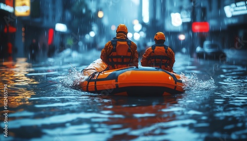 Emergency rescue team navigating flooded city streets with inflatable boat